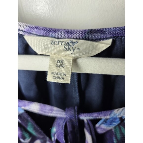 Terra & Sky Purple Blue Floral LS Chiffon Peasant Blouse Top 0X (14W) - Picture 6 of 6